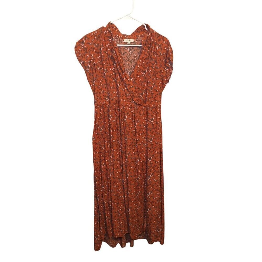 Umgee Long Orange Floral Wrap Short Sleeve Dress Size Medium With Pockets